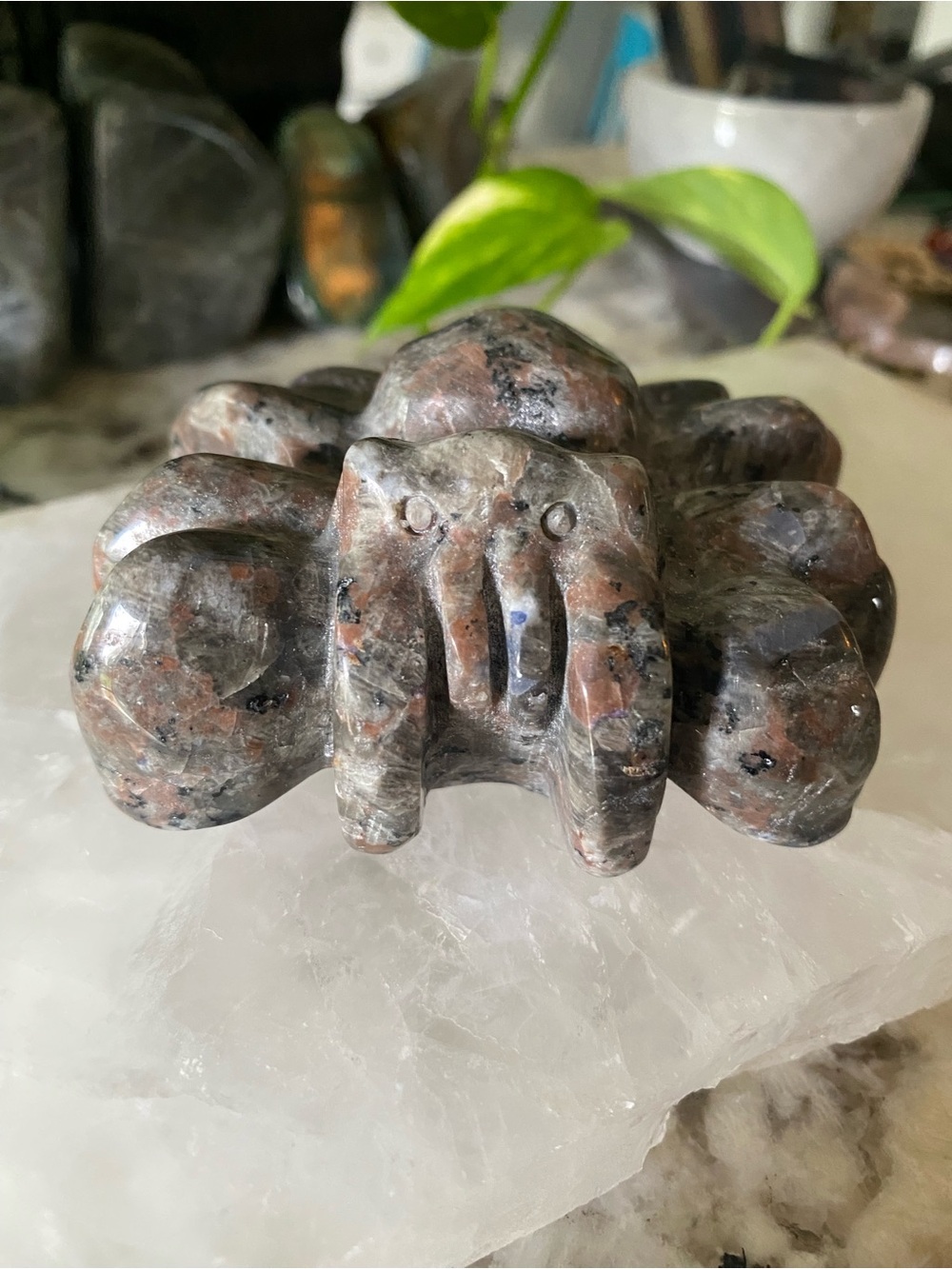 Hand-Carved Pink and Gray Stone Spider Sculpture